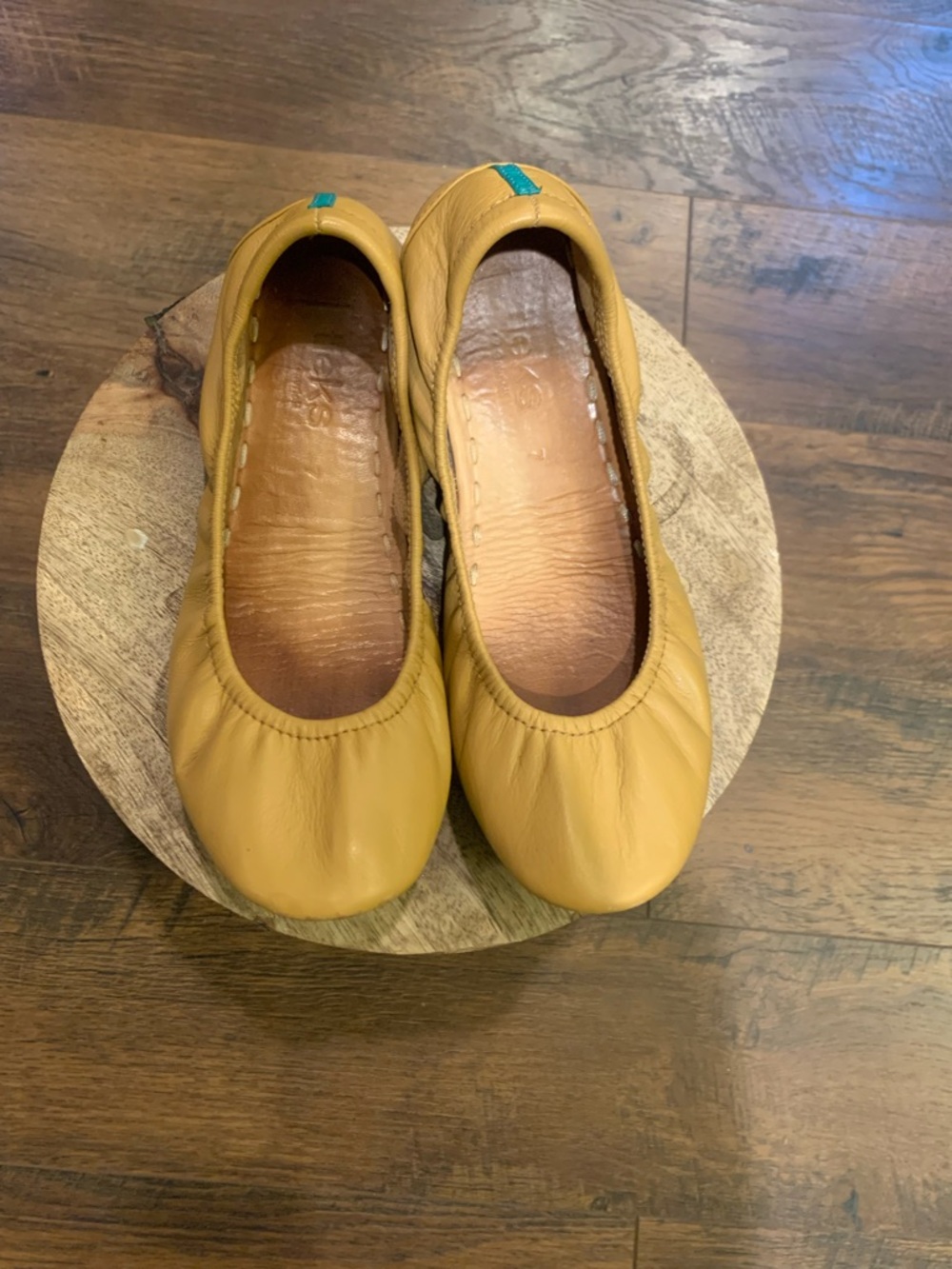 Tieks Mustard Yellow Leather Ballet Flats with Teal Heel Tab